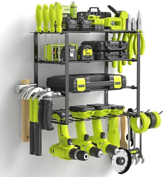 Magazzino per strumenti da parete con 4 contenitori per elettrostrumenti, 4 livelli di stante per strumenti con sistema di supporto per chiave inglese laterale per garage e officina