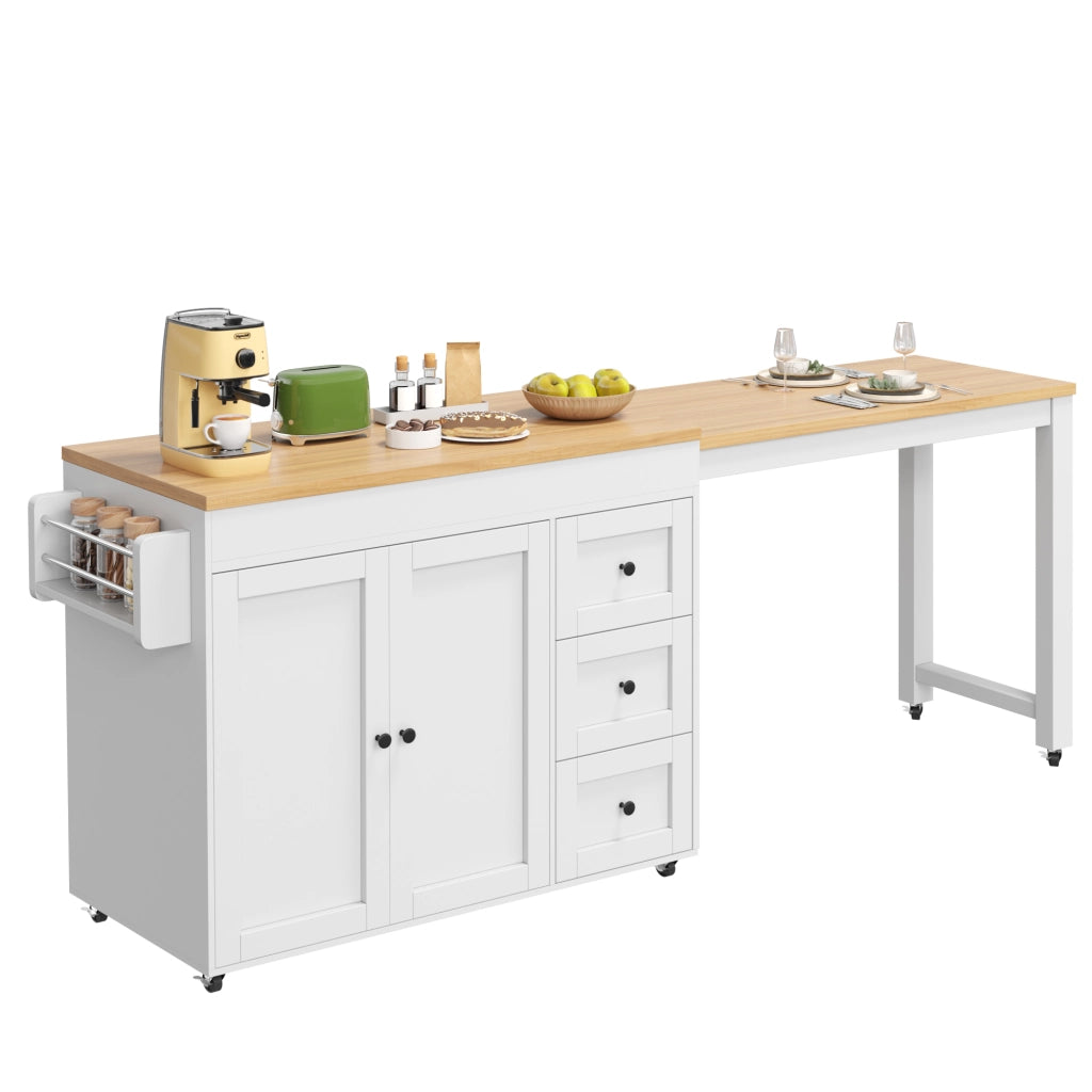 Isola cucina estensibile con 3 cassetti; ripiani laterali snack e ruote; per cucina e sala da pranzo; 116 × 45 × 89 cm