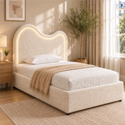 Letto imbottito 90x200 cm con contenitore e LED in bouclé bianco