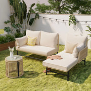 Set giardino: metallo + corda beige; sedute L + tavolo; uso esterno