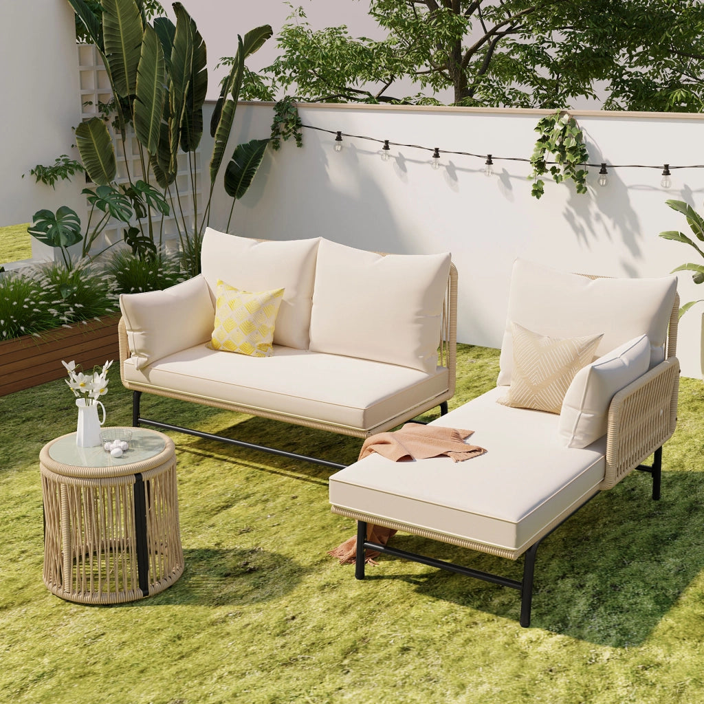 Set giardino: metallo + corda beige; sedute L + tavolo; uso esterno