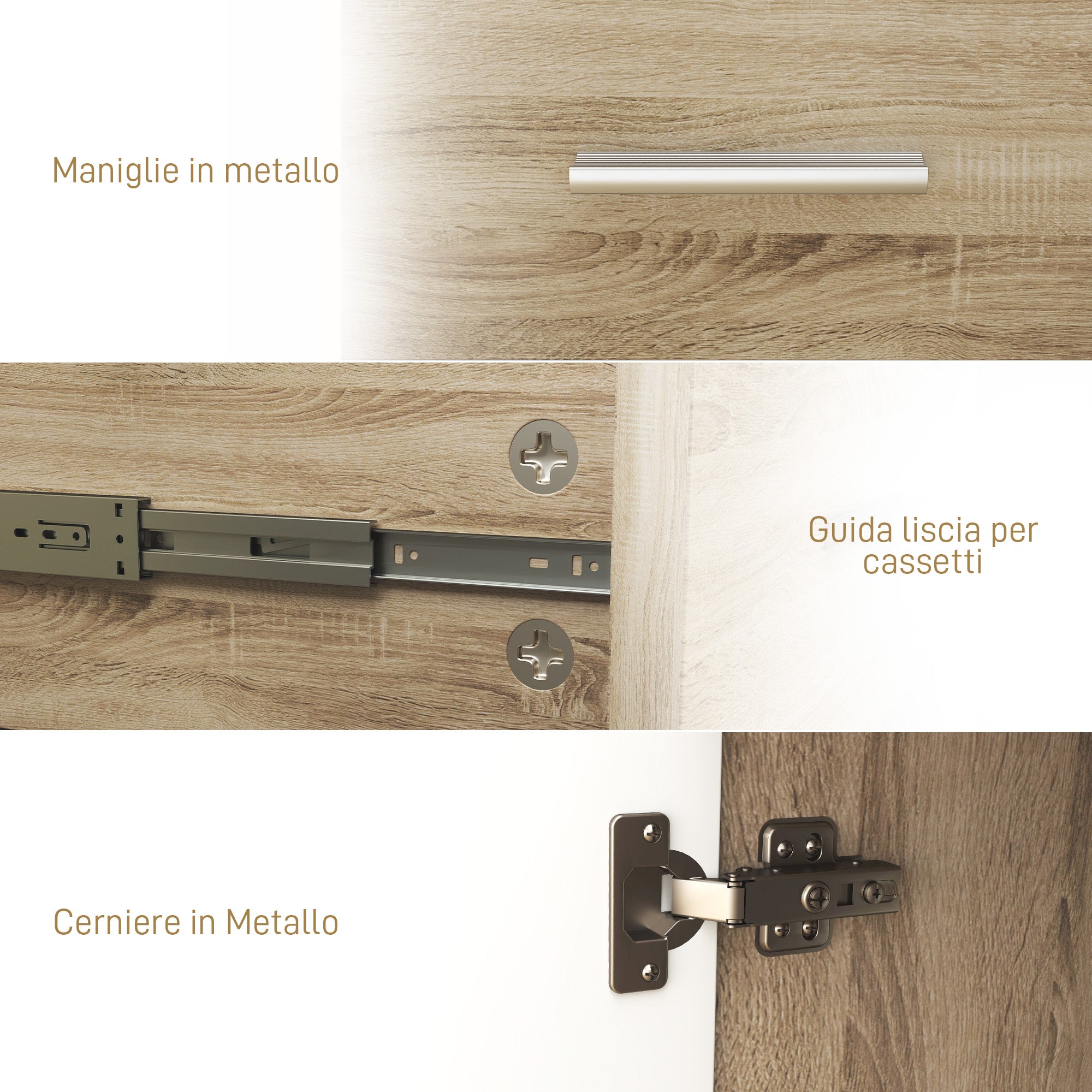 Credenza Moderna 106x35x76 cm con 3 Armadietti e 2 Cassetti color Legno