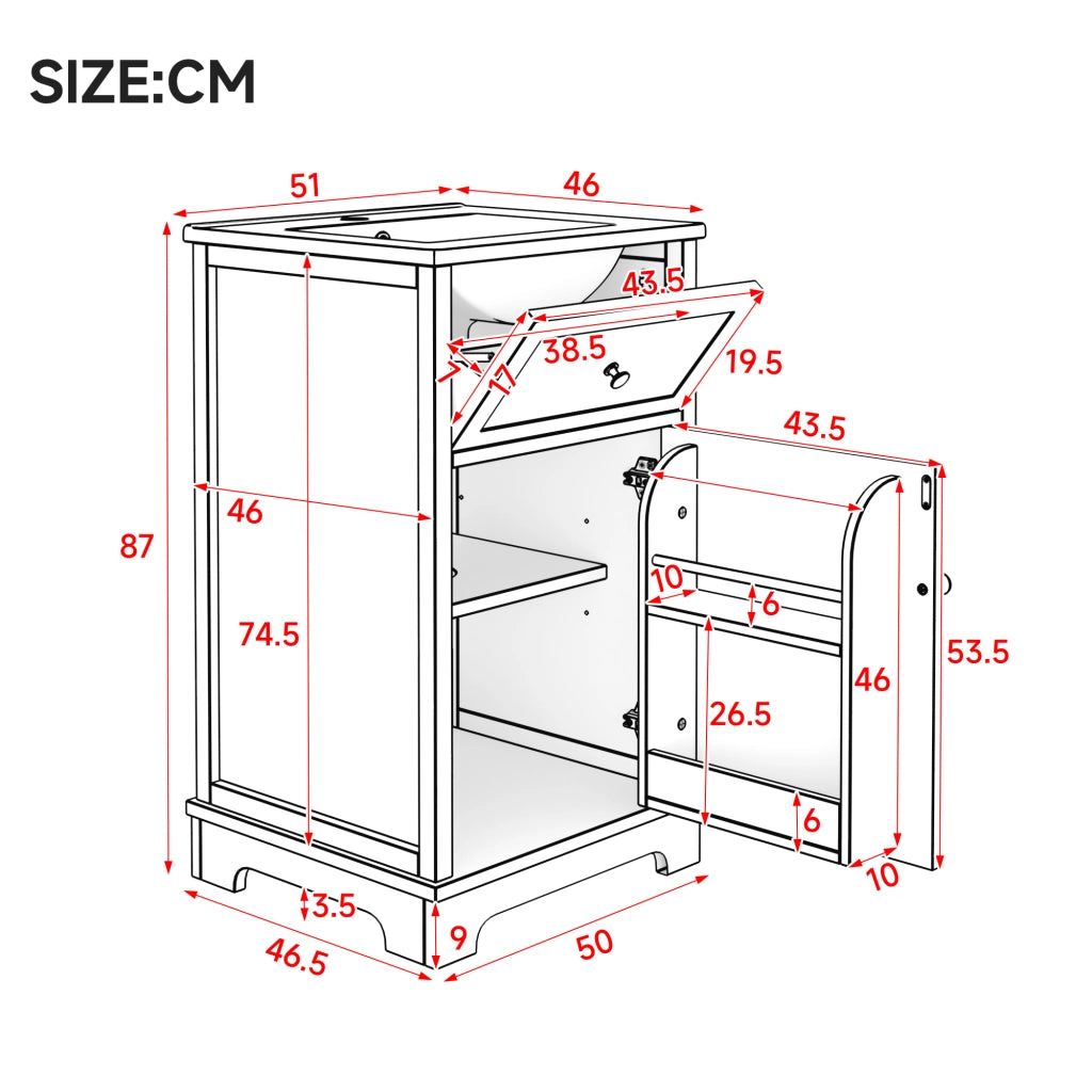 Mobile sottolavabo con lavabo integrato 1 cassetto e ripiano regolabile in MDF e ceramica bianco 51 × 46 × 87 cm
