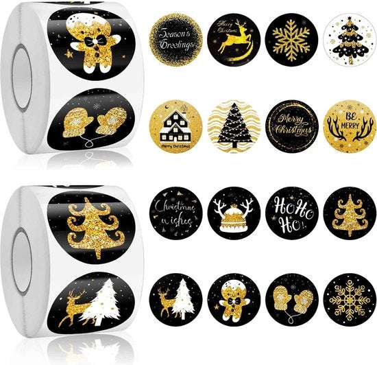 1000 Sticker Christmas Decorativi in Nero e Oro - Sticker Natale - Sticker Autoadesivi con 16 Disegni Natalizi - Per Decorare Carte Regali Scatole