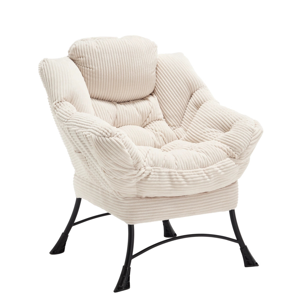 Fauteuil con pouf e tasca laterale con braccioli in acciaio e cotone PP bianco per soggiorno, relax e giardino
