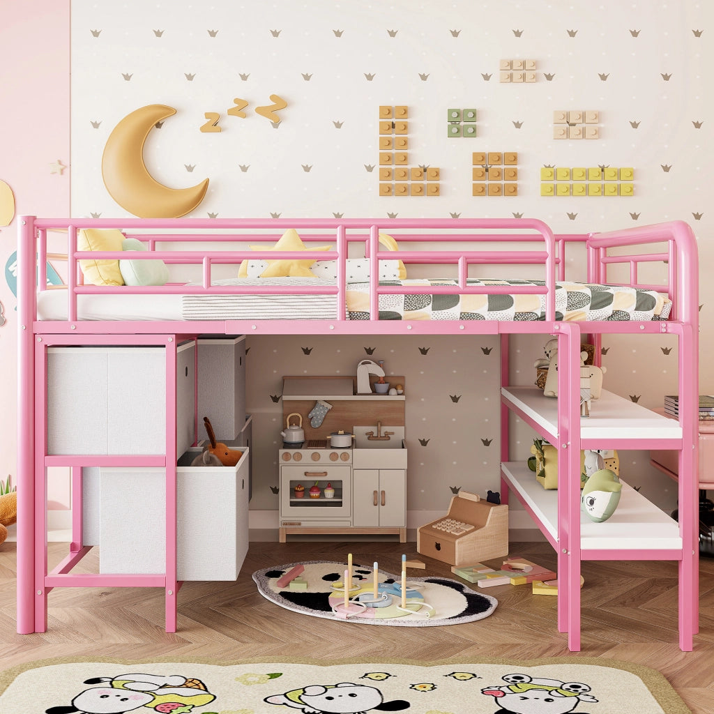 OKWISH Letto a Soppalco 90×200 cm, Letto Singolo con Scala Larga, Cassetti, Mensole e Angoli Arrotondati, senza Materasso, Rosa