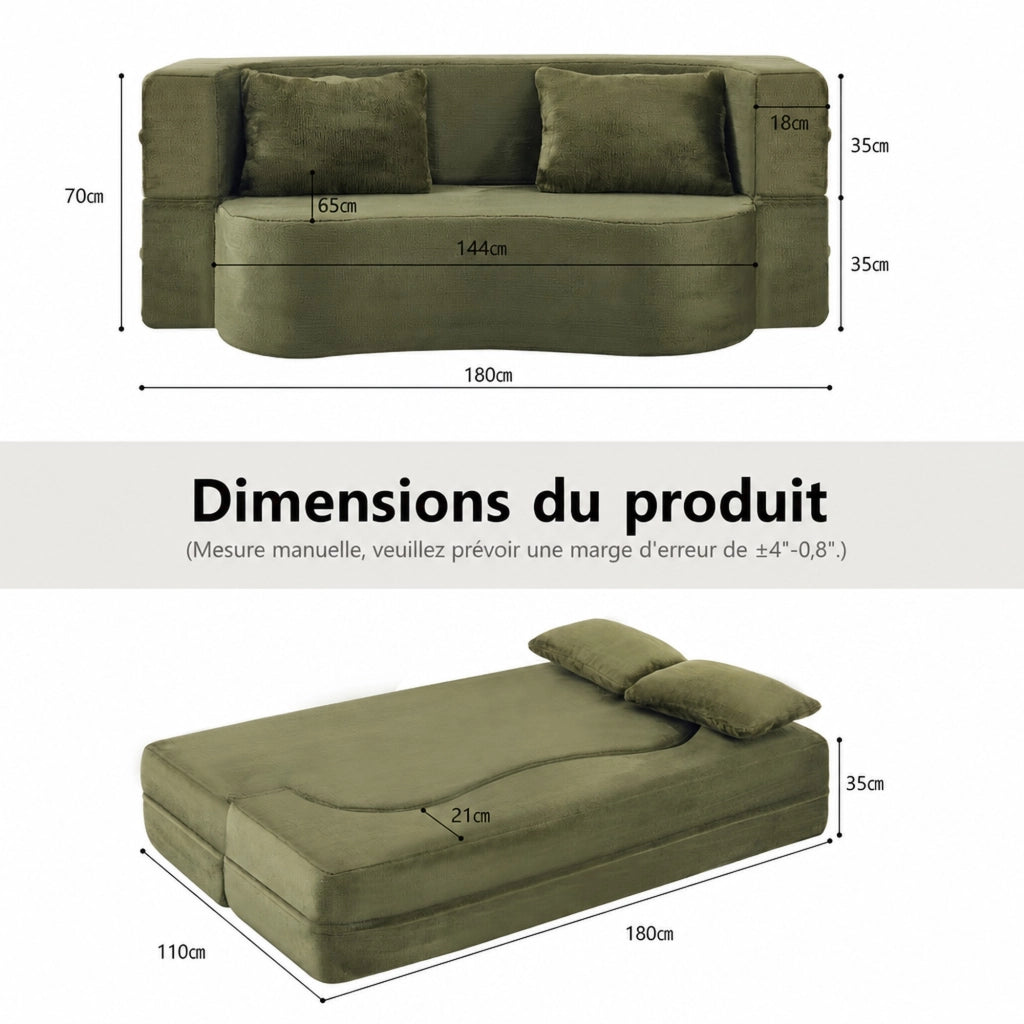 Divano letto futon pieghevole senza montaggio con 2 cuscini in schiuma verde moderno per soggiorno e camera ospiti
