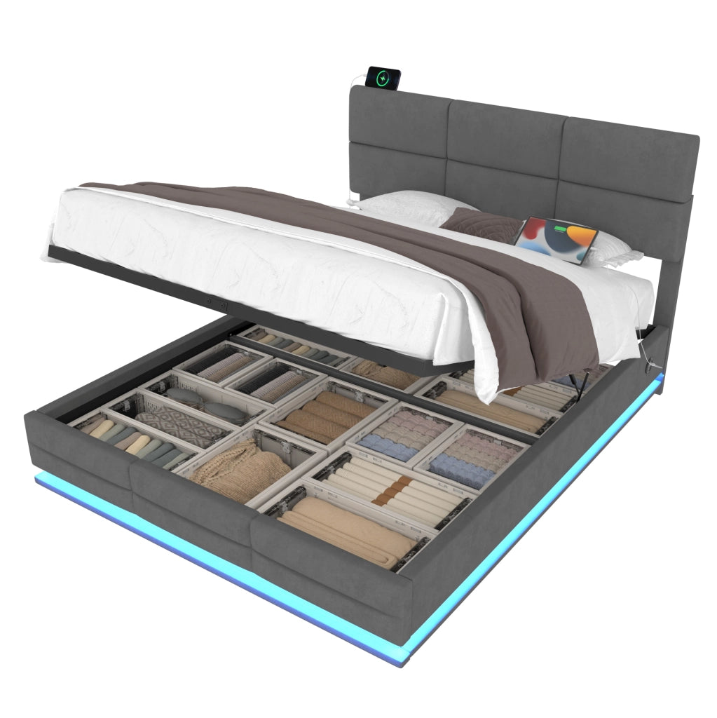 Letto 140x200 cm con testiera regolabile; LED; USB e contenitore in velluto grigio scuro