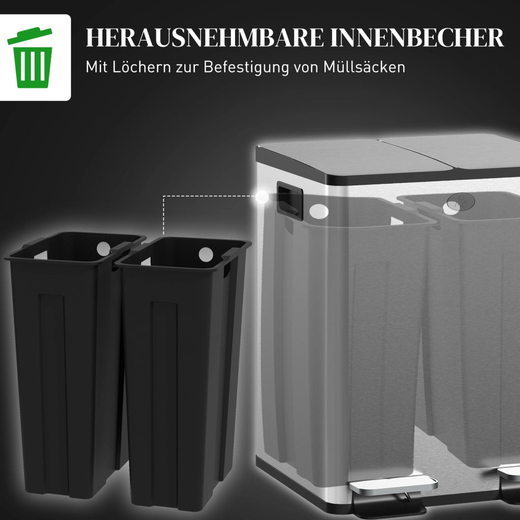Doppio Cestino per la Raccolta Differenziata 2x20L ¨C zephmum ¨C Acciaio Inox e Plastica Argento