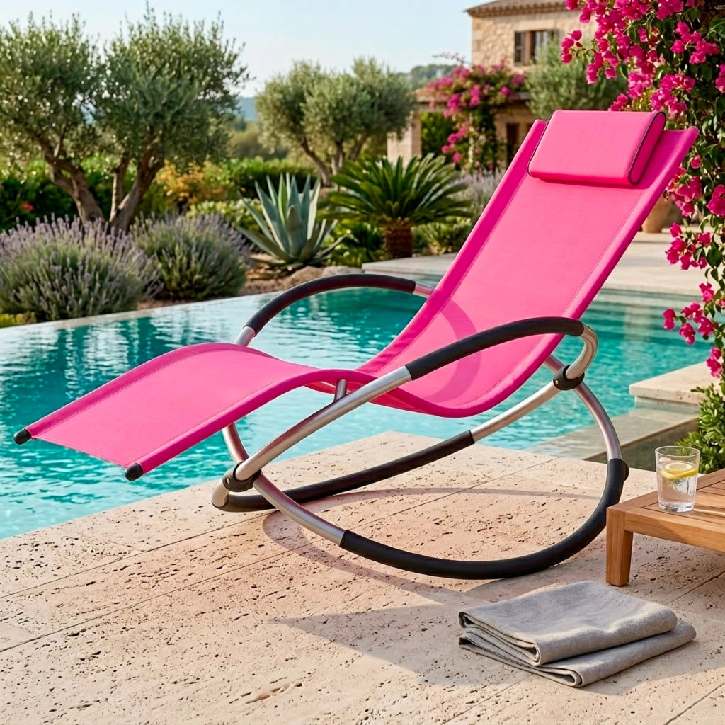 Dondolo Reclinabile Da Giardino Con Poggiatesta Removibile In Textilene Traspirante Telaio Metallo Relax Outdoor 73 x 150 x 93 Cm Fuxia