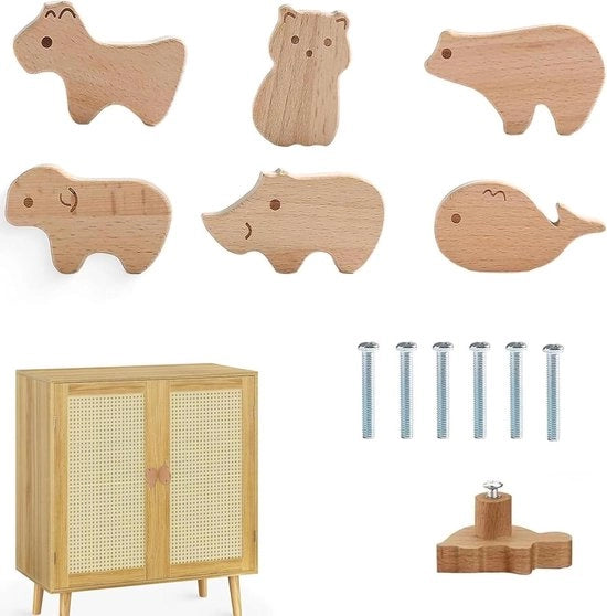 6 Ladetrekkers a forma di animale in legno - maniglie decorative in legno - disegni unici di animali - viti - maniglie decorative per mobili - cassetti e comodini - progetto B