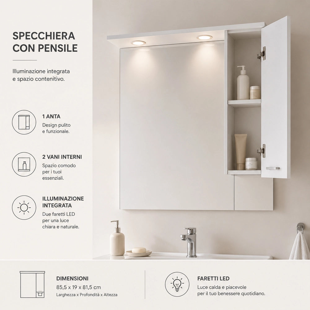 Set Completo Mobile da Bagno da Terra 85 cm Tre Ante Bianco Specchio e Accessori