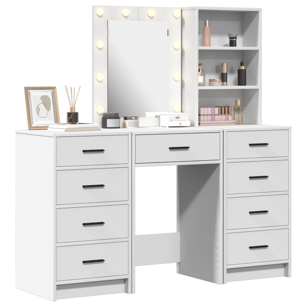 Set da Toeletta a 3 Pezzi con LED in Legno Ingegnerizzato Bianco