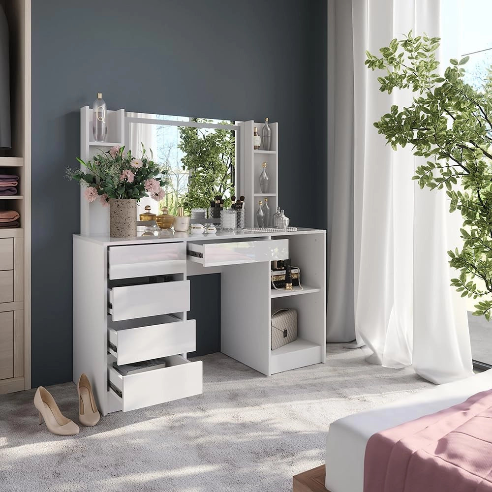 Tavolo da toeletta Sherry, Bianco/bianco lucido, 128.2 cm con specchio LED