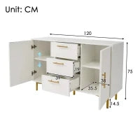 Credenza Elegante con 2 Ante e 3 Cassetti,  Design Moderno con Maniglie Decorative Oro, per Soggiorno e Camera da Letto, Bianco