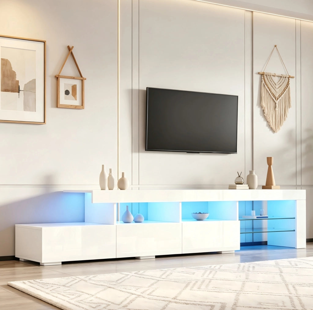 Mobile TV 180x35x45 cm con illuminazione LED; frontale lucido; 3 cassetti; in MDF e truciolare; bianco