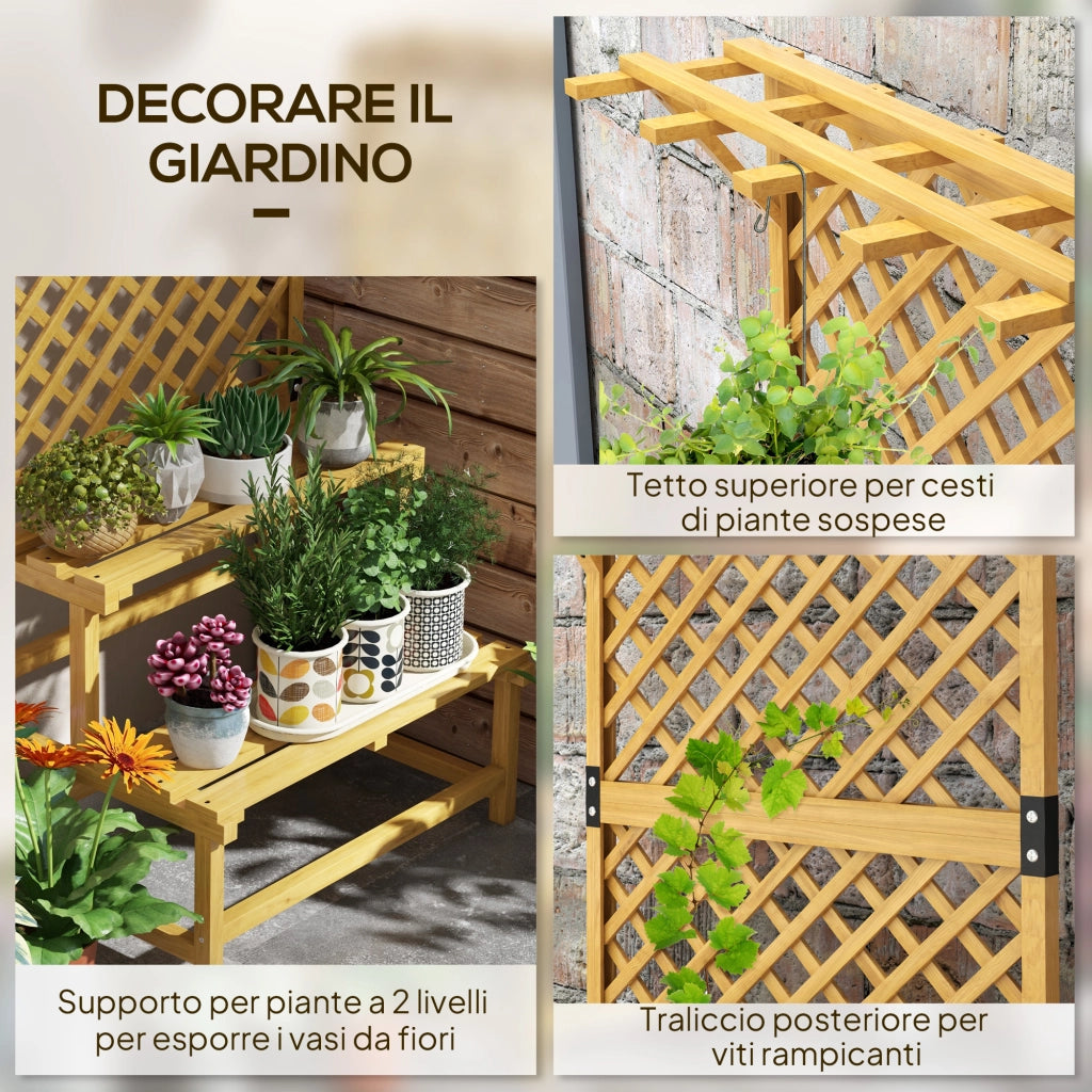 Fioriera con Grigliato per Rampicanti 75x50x166 cm 2 Ripiani e Barra Superiore in Legno di Abete Giallo