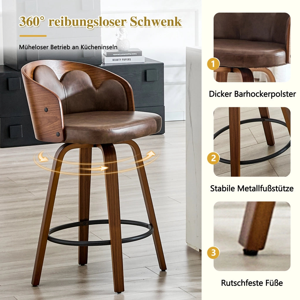 Sgabello da bar con schienale a fiore in legno curvato e PU con poggiapiedi in metallo marrone 64,5 × 53 × 47 cm