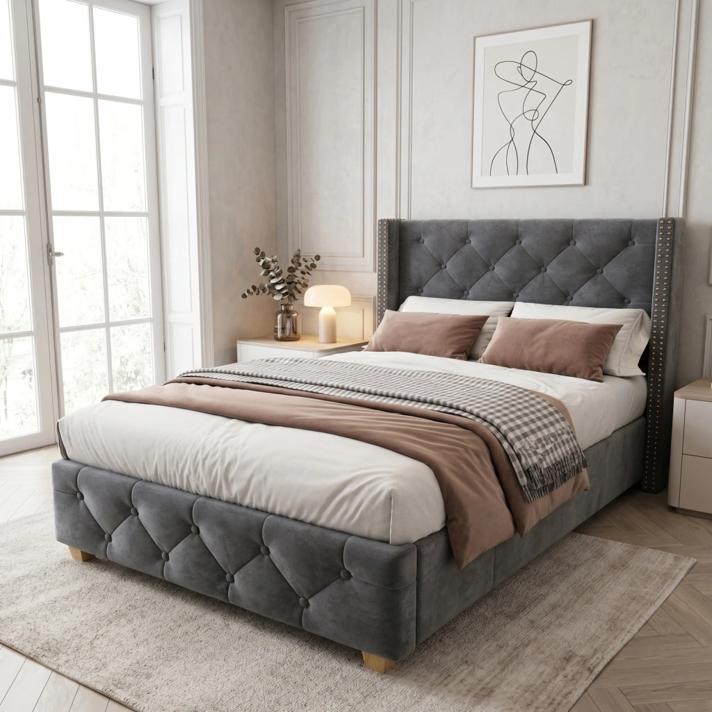Letto imbottito 90x200 cm in velluto grigio con 12 doghe e testiera con borchie