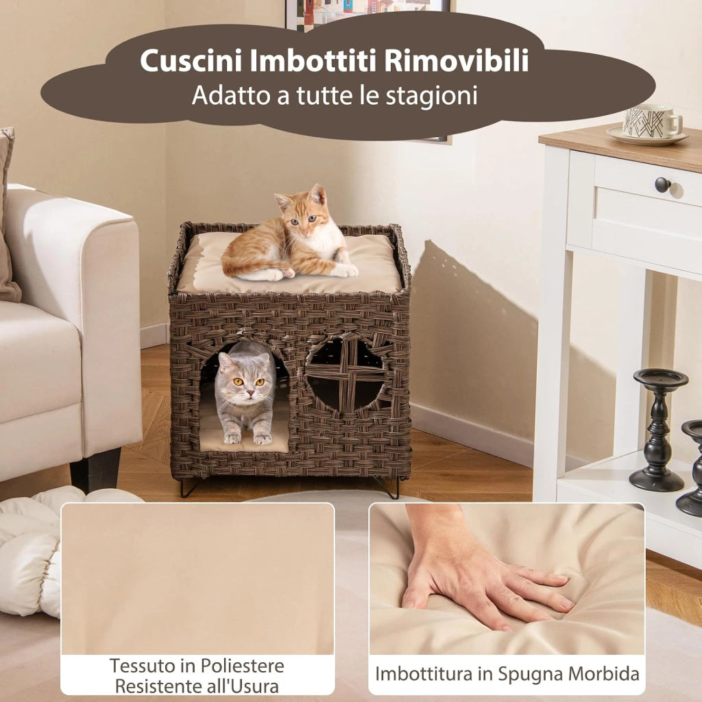 Casetta per Gatti in Rattan 50,5 x 45 x 50 cm, Cuccia a 2 Piani per Gatti con 2 Cuscini, Letto per Animali Domestici per Camera da Letto e Soggiorno