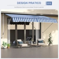 Tenda da Sole a Bracci 3x1.5m con Manovella e Struttura Telescopica, Bianco e Blu