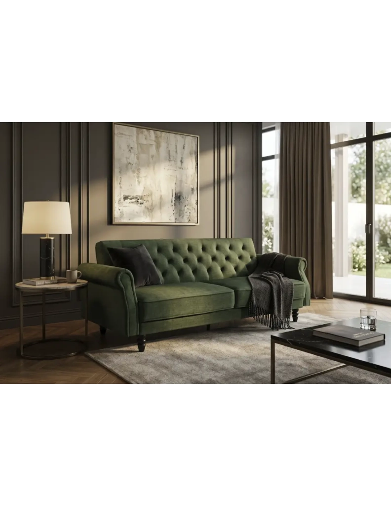 Divano diritto MILES convertibile 3 posti in velluto capitonné - Verde scuro - 220 x 85 x 120 cm