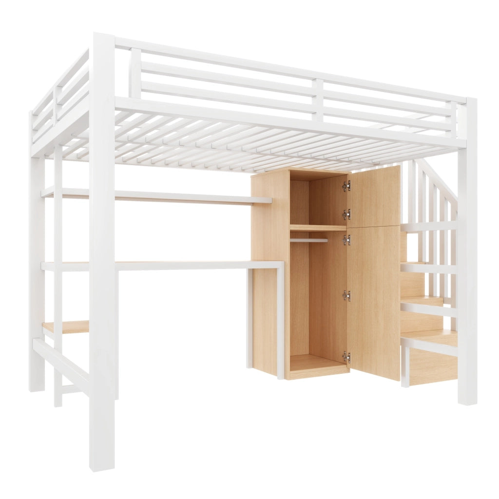 Letto a Soppalco 140x200 cm con Scrivania; Armadio; Mensola LED; Scala - Bianco