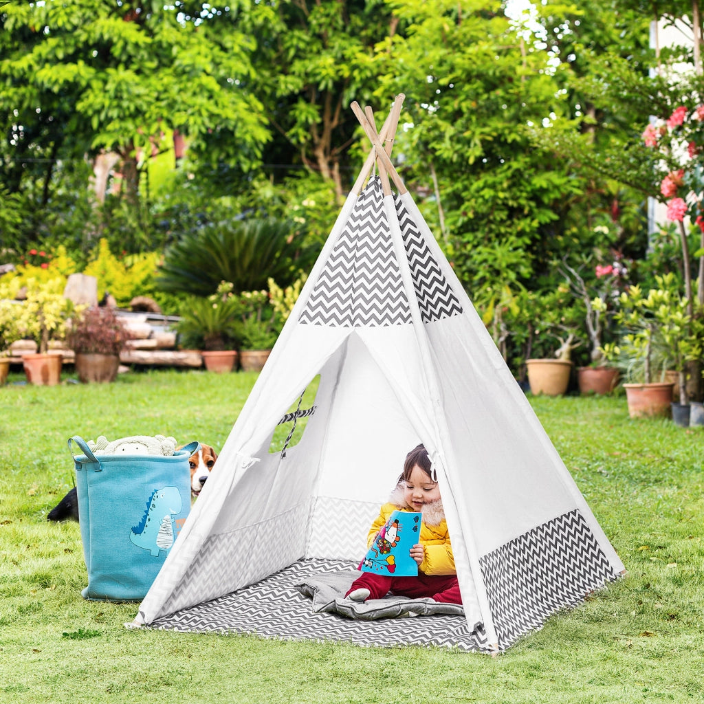 Casetta Tipi per Bambini in Legno con Ventana e Colchoneta ¨C Zephmum ¨C Grigio 120x120x155 cm