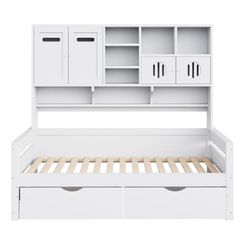 Letto singolo 90x200 cm con cassetti e vani contenitore in pino bianco