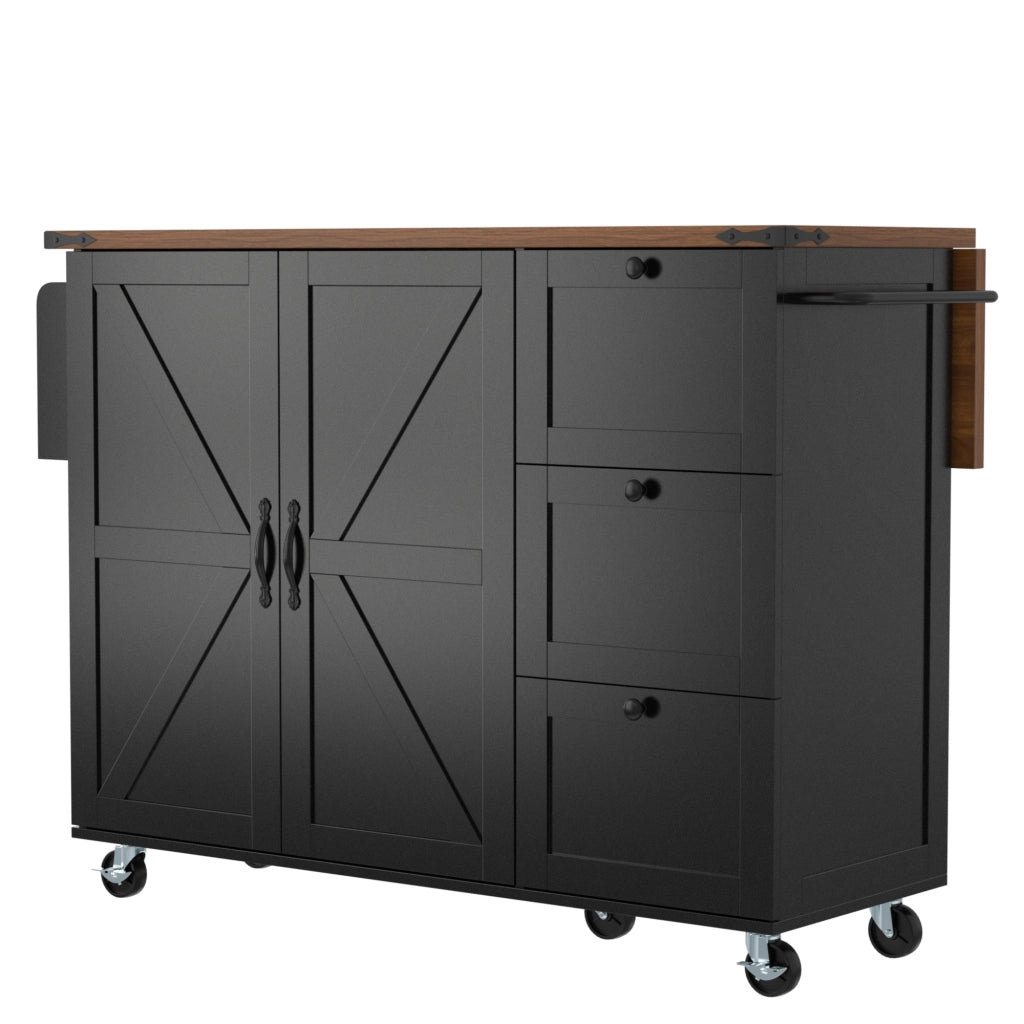 Carrello da Cucina con 1 Anta; 3 Cassetti; Piano Ribaltabile; Portaasciugamani e Ruote; in MDF; Nero