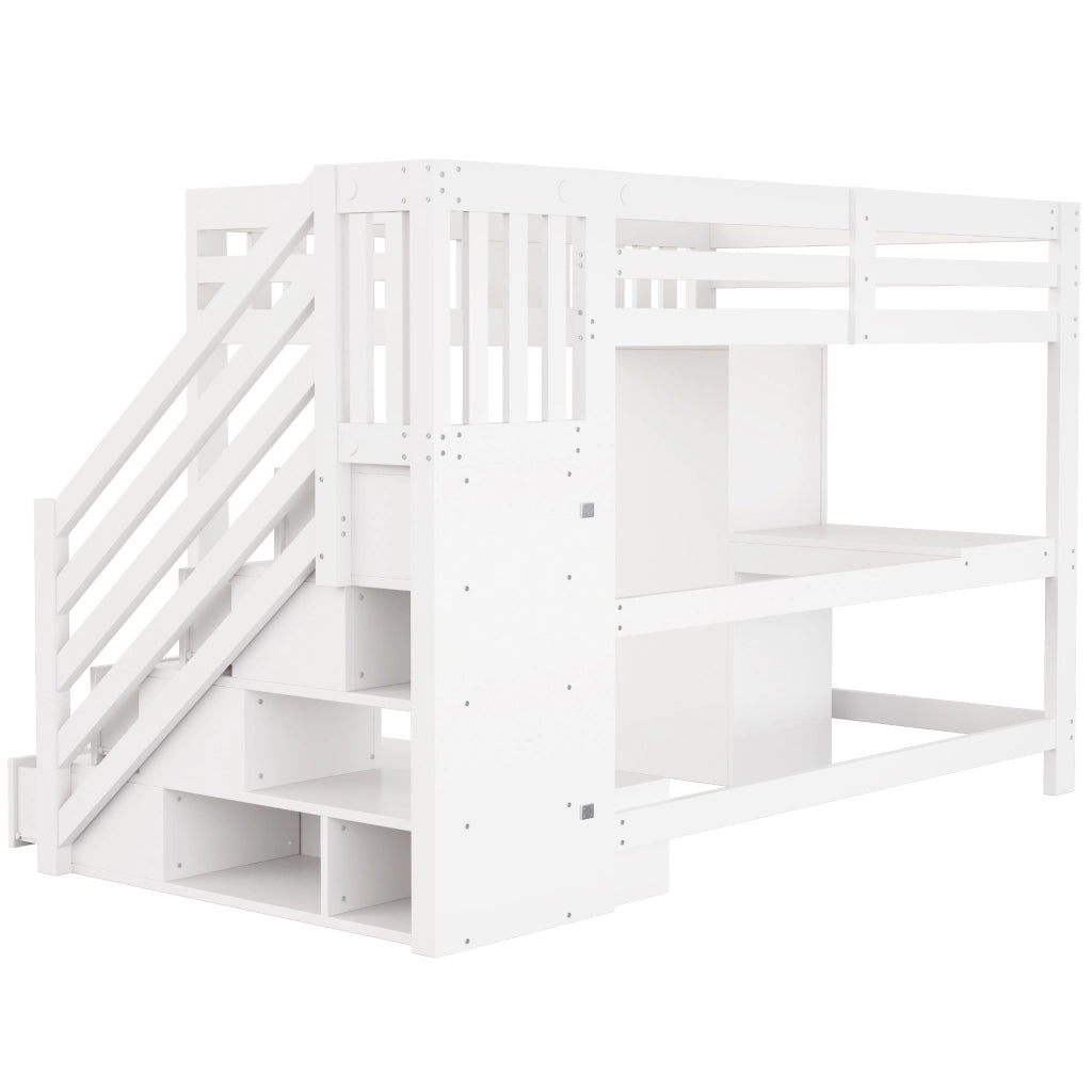 Letto a soppalco matrimoniale 140×200 cm con scala contenitore; scrivania; LED; armadio e banco; senza materasso; bianco