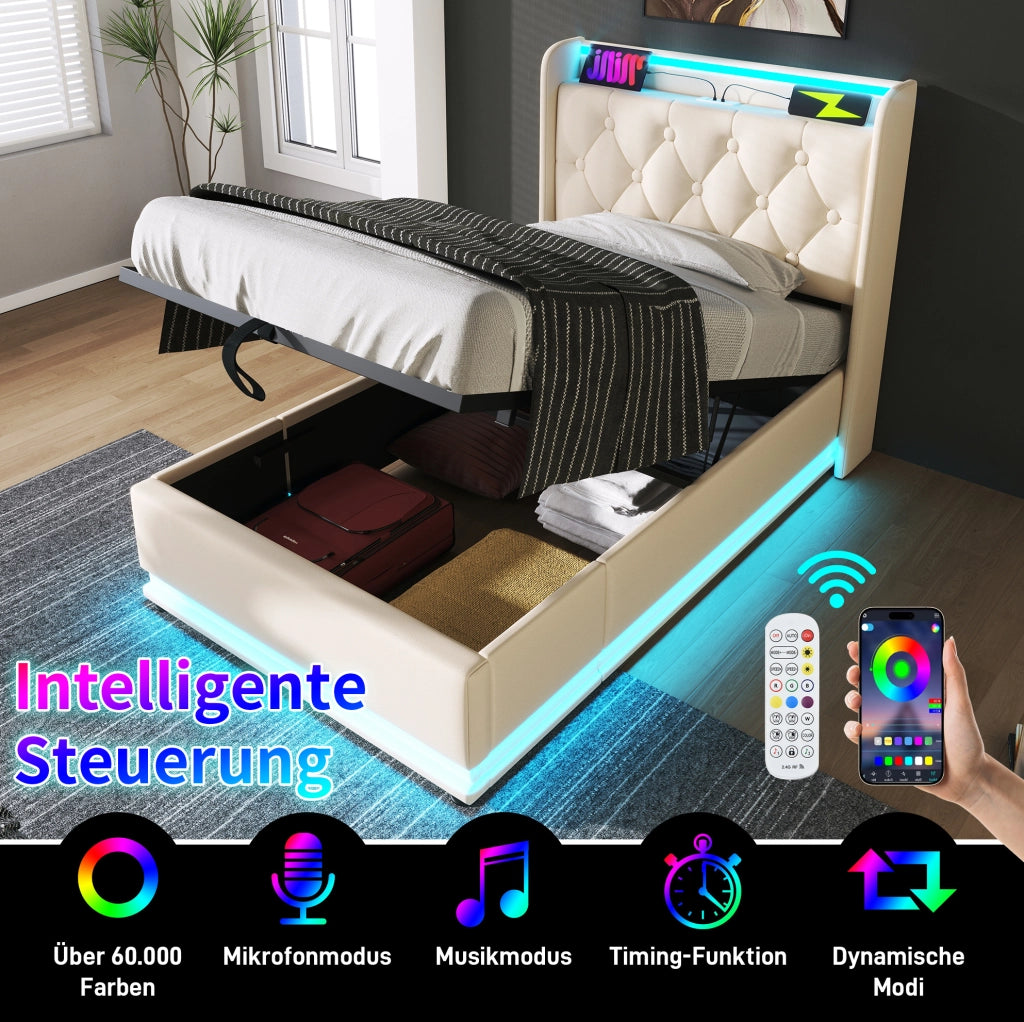 Letto singolo contenitore 90x200 cm bianco PU con LED e USB-C