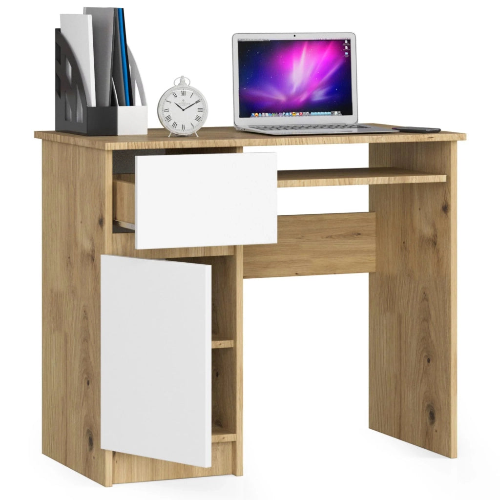 Scrivania per computer AKORD PIKSEL Quercia Artisan 90 cm 1 anta 1 cassetto inserto frontale Bianco 90x50x77 cm Modello a sinistra