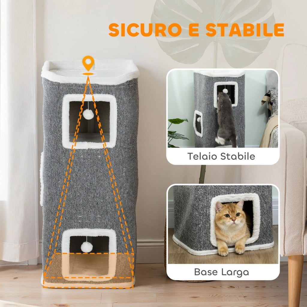 Torre per Gatti con 3 Casette Palline e Posatoio 41x41x100 cm in Legno Tessuto e Peluche Grigio e Bianco