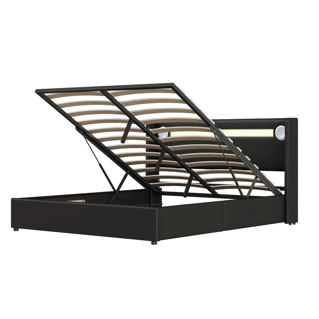 Letto Matrimoniale 160x200 con LED, Bluetooth, USB e Contenitore in PU Pelle Nero