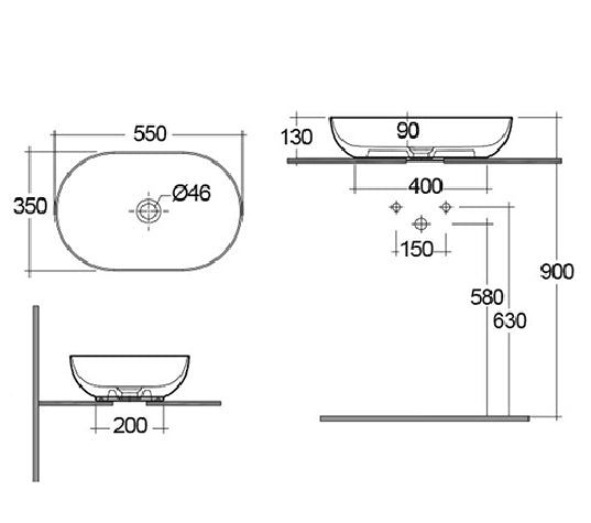 Lavabo ovale da appoggio in ceramica Nero Matt senza foro rubinetto - Feeling Rak Ceramics