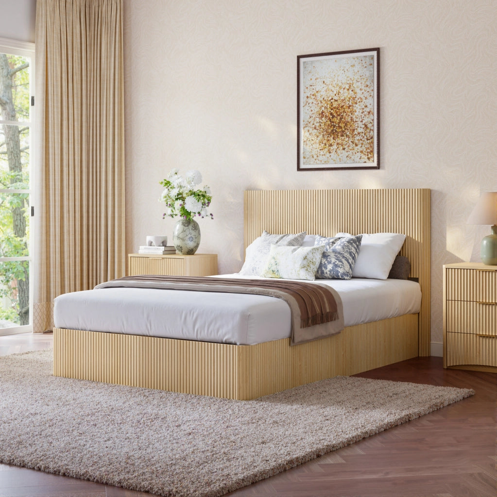 Letto contenitore 140 x 200 cm con sollevamento idraulico; MDF e metallo; rovere chiaro
