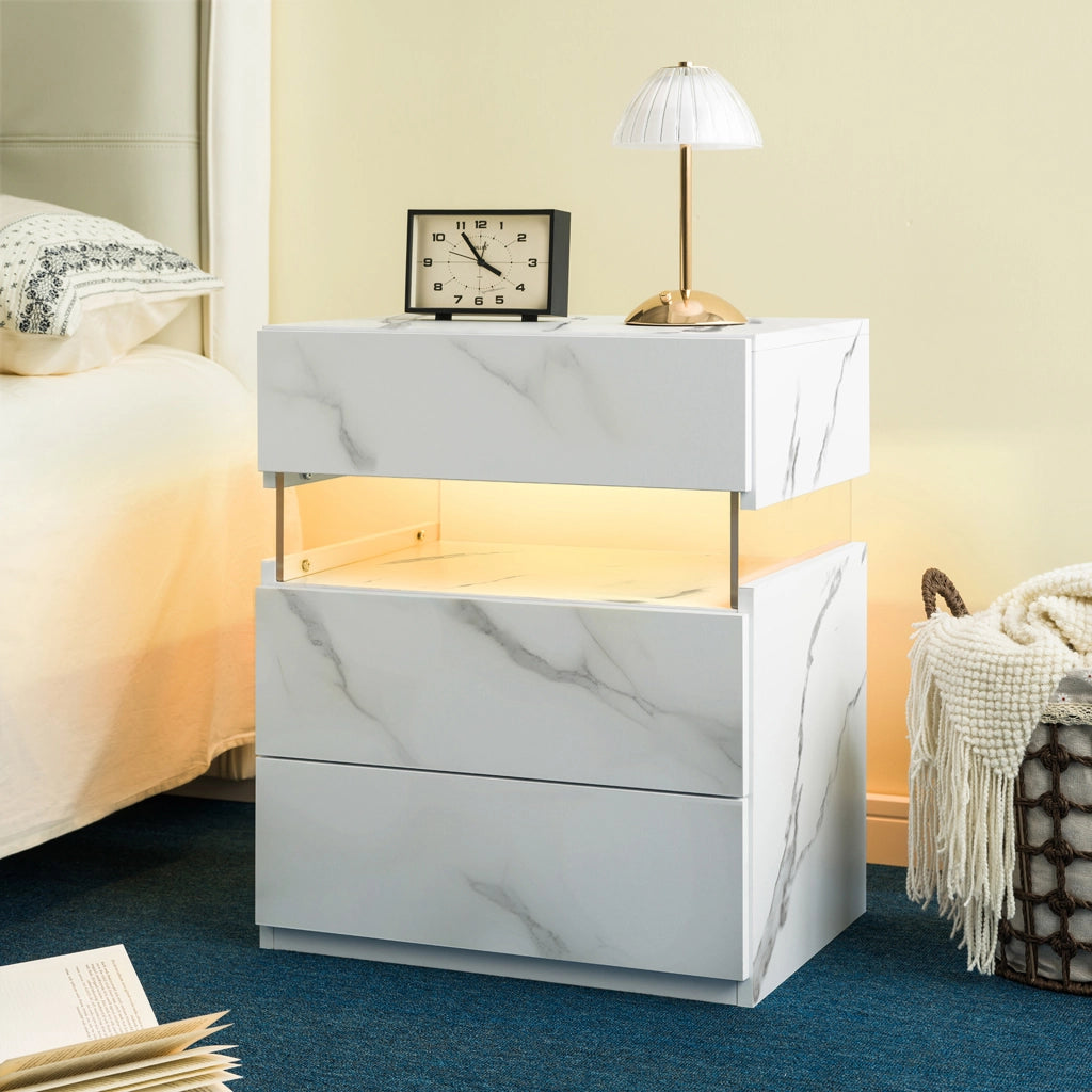 Comodino con luce LED e 3 cassetti in legno ingegnerizzato con pannello acrilico per camera da letto, bianco