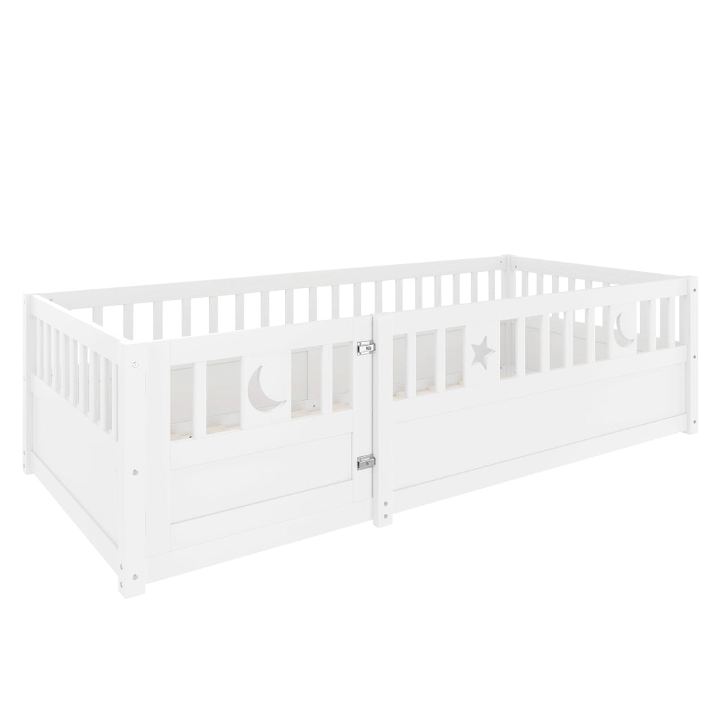 DESMIU Letto per bambini 90 × 190 cm con sponda di sicurezza e chiusura, senza materasso, in pino, bianco