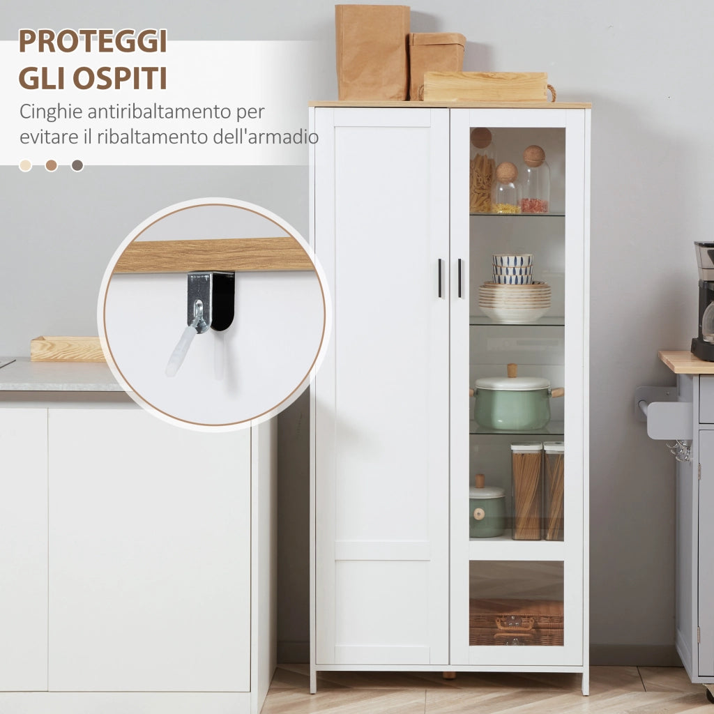 Credenza Moderna a 2 Ante con Mensole Regolabili in Legno e Vetro, 76x36x160cm, Bianco