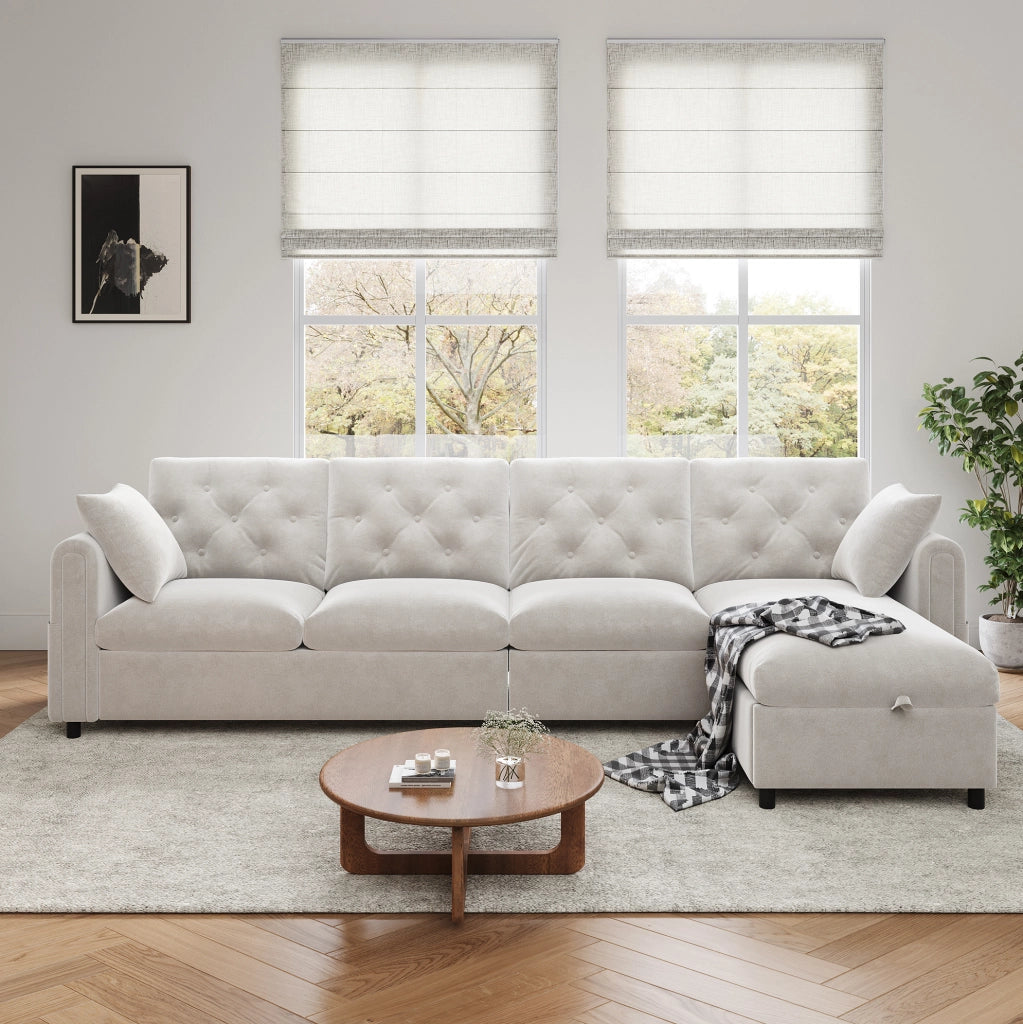 Divano angolare 281x132x86 cm con funzione letto e vano contenitore in velluto beige