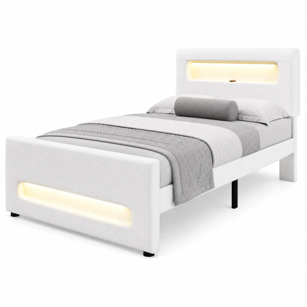Letto con cassetti 90 × 200 cm imbottito con scala; LED regolabili tramite app; MDF e PU bianco