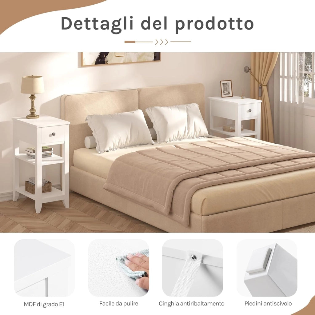 Comodino Alto e Stretto con 1 Cassetto e 2 Ripiani Aperti, Comodino per Camera da Letto, 45x28x66cm, Tavolino da caffè in Legno, Mobiletto Multiuso con Design Moderno, Bianco NTS02ws