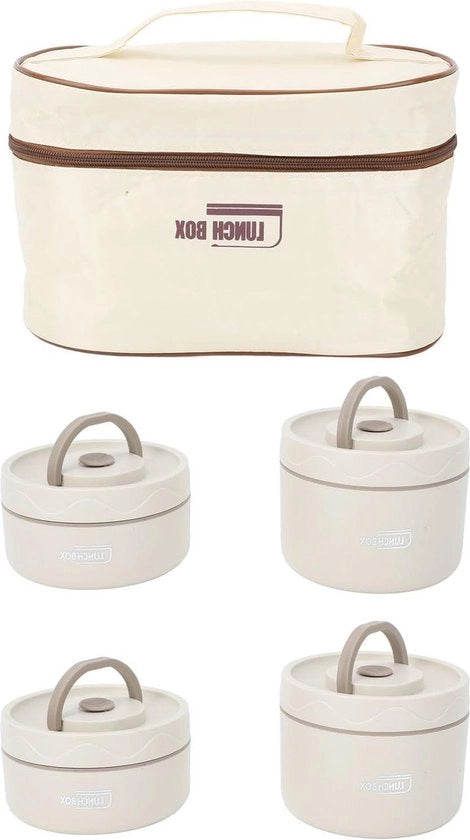 Contenitore di Cibo 304 Acciaio Inossidabile Isolato - Lattina a Vuoto Bento - Scatola di Pranzo Calda con Coperchio e Tasca Termica - Ronde Riciclabile - Beige