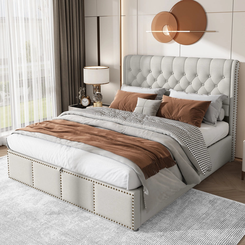 Letto matrimoniale imbottito 140x190 cm grigio in lino con contenitore e rete a doghe