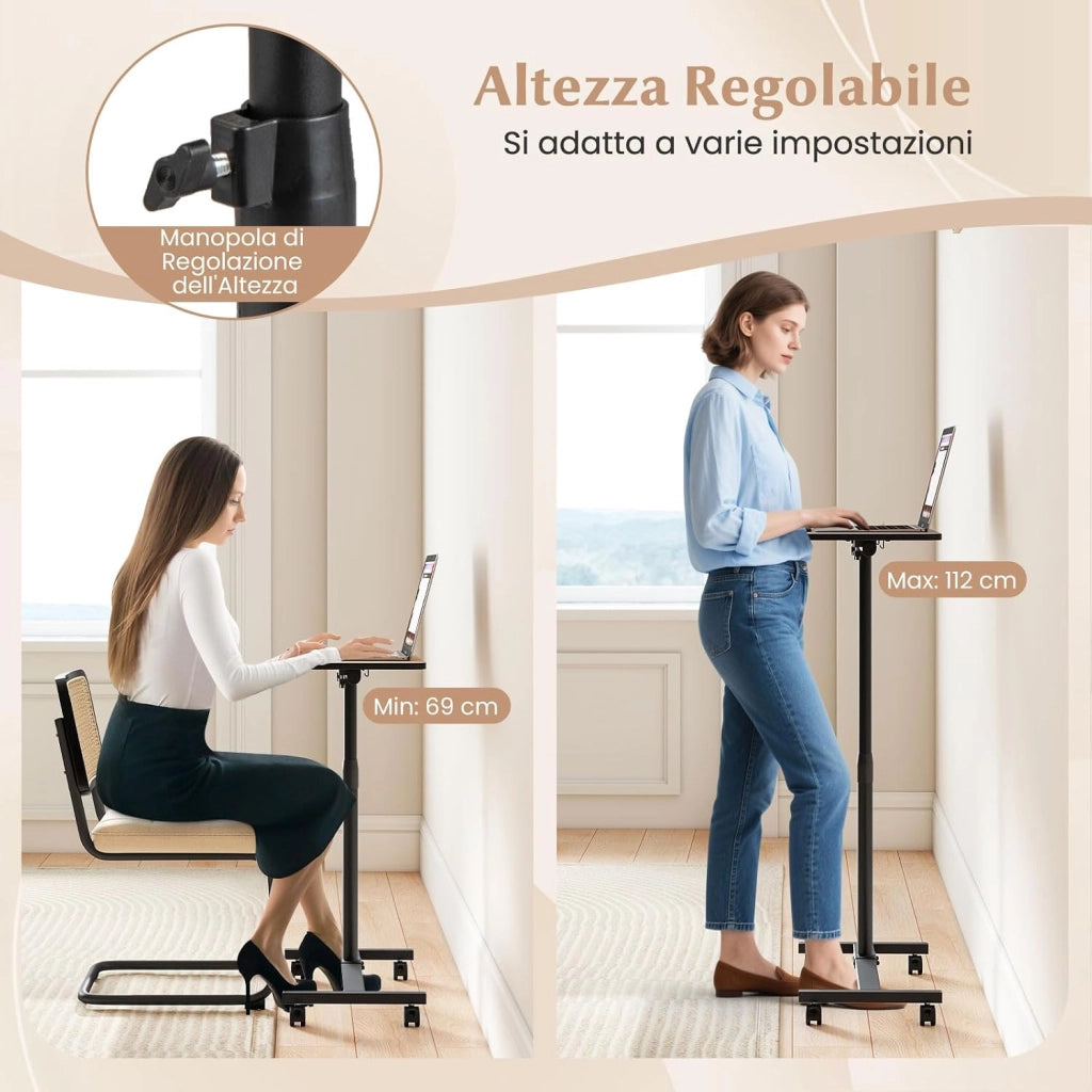 Tavolino Servitore con Altezza Regolabile, Ruote Bloccabili, Piano Girevole a 360° e Inclinabile con Fermo Bordo, Tavolino a Forma di C per Soggiorno, Camera da Letto e Studio (Grigio)