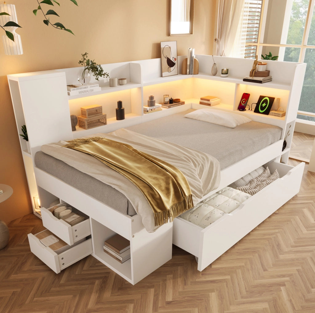 Letto singolo 90x200 cm bianco con materasso, LED, USB e cassetti