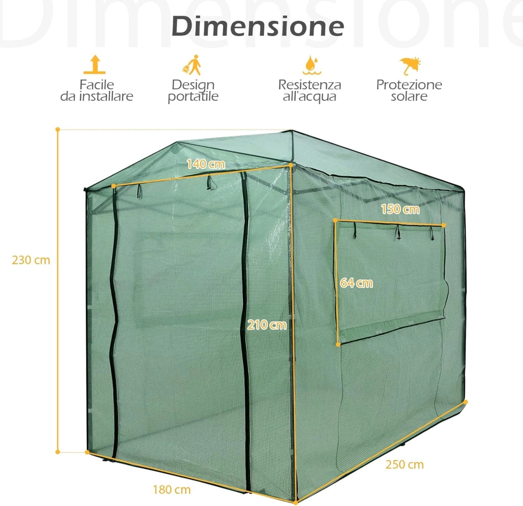 Serra per da Giardino 180 x 250 x 230 cm, Serra per Orto e Piante con Telaio Robusto, 2 Finestre Grandi e 2 Porte Arrotolabili con Doppia Cerniera, Serra da Eterno Pieghevole