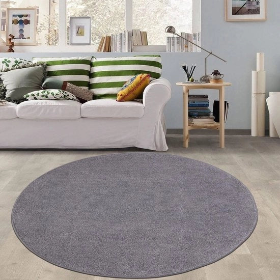 Tappeto da soggiorno morbido grigio a forma rotonda e corta, lavabile - 120 x 120 cm