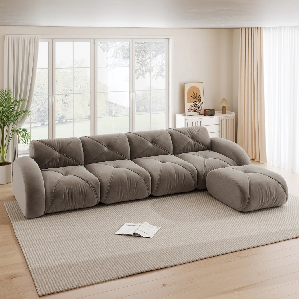 Divano angolare modulare 4 posti in chenille con pouf, seduta ampia e struttura senza telaio, per soggiorno, taupe